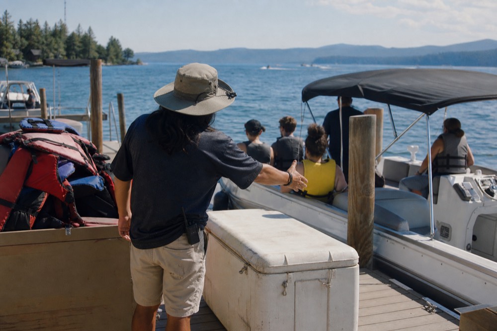 Dock attendant reviewing a safety checklist beside a rental boat, no text, no logos, no people