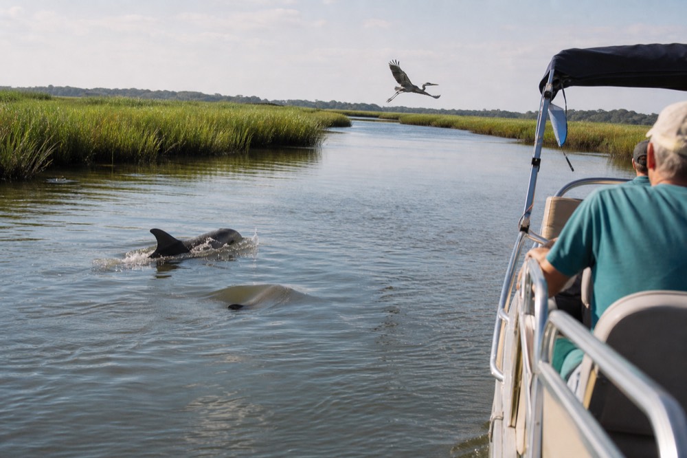 Dolphins swimming alongside a boat in a Charleston tidal creek, no text, no logos, no people