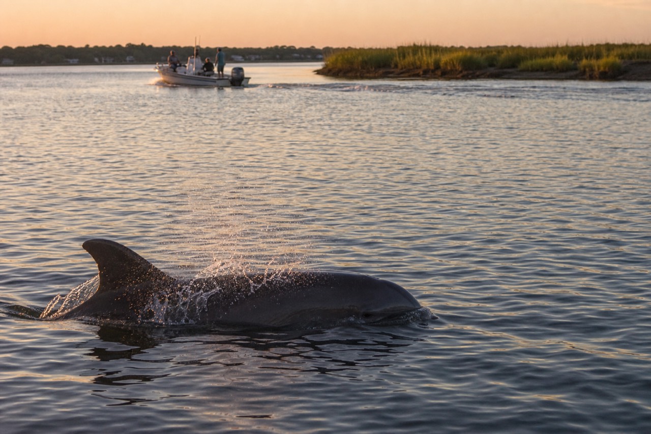 A bottlenose dolphin surfacing in calm harbor water at golden hour, no text, no logos, no people