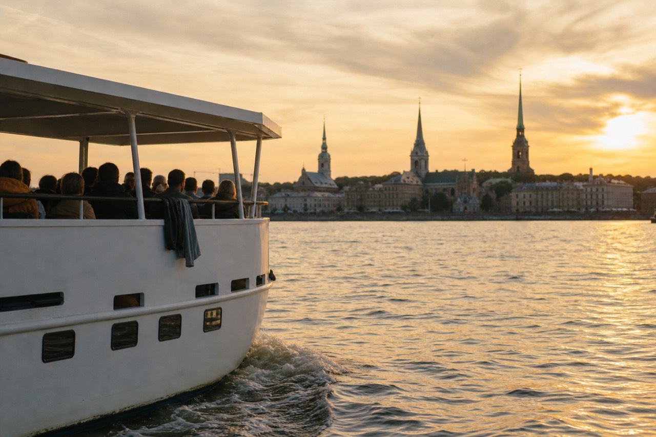 A tour boat crossing Charleston Harbor at golden hour with the city skyline behind it, no text, no logos, no people