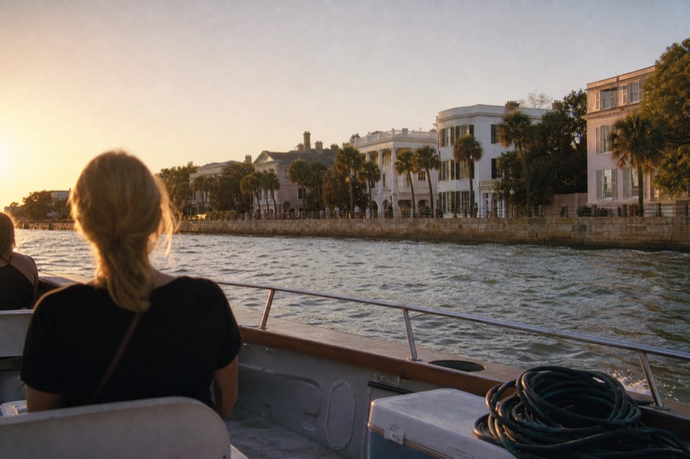 An open deck cruise boat passing the Battery at golden hour, no text, no logos, no people