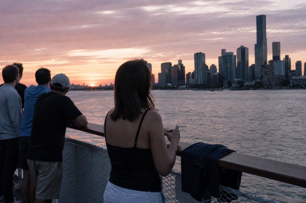 Passengers on a boat deck watching the sun drop behind a coastal city skyline, no text, no logos, no people