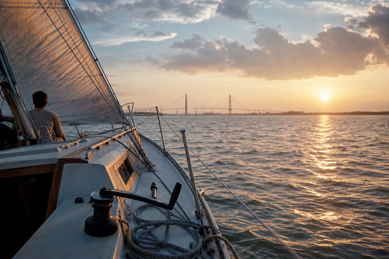 A sailboat crossing Charleston Harbor at golden hour with the Ravenel Bridge on the horizon, no text, no logos, no people.