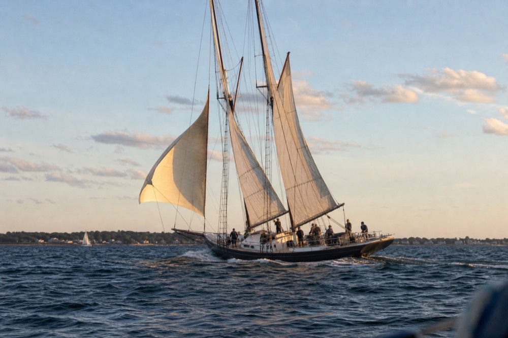 A tall sailing ship on open water in warm late-afternoon light, no text, no logos, no people