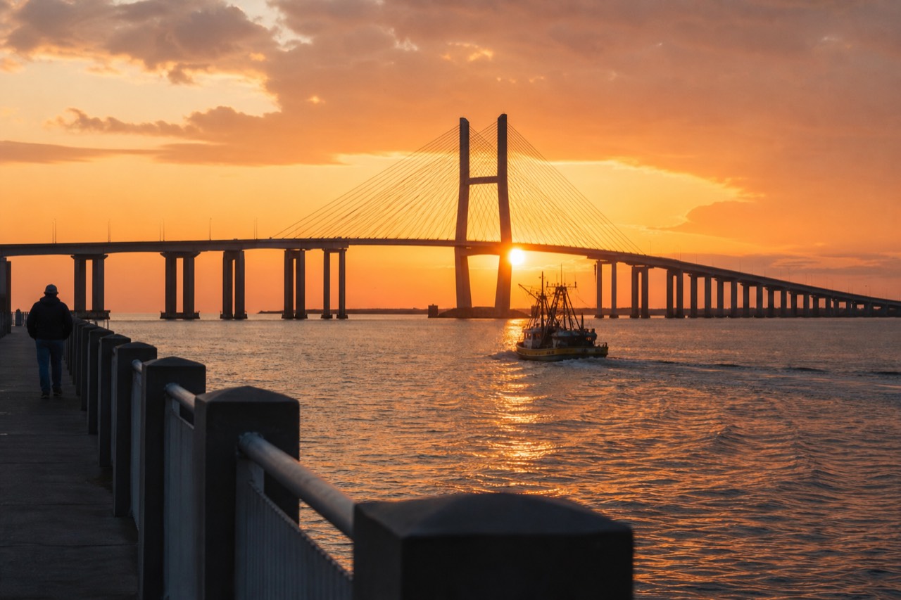 Charleston Harbor at golden hour with the Ravenel Bridge spanning the water, no text, no logos, no people.