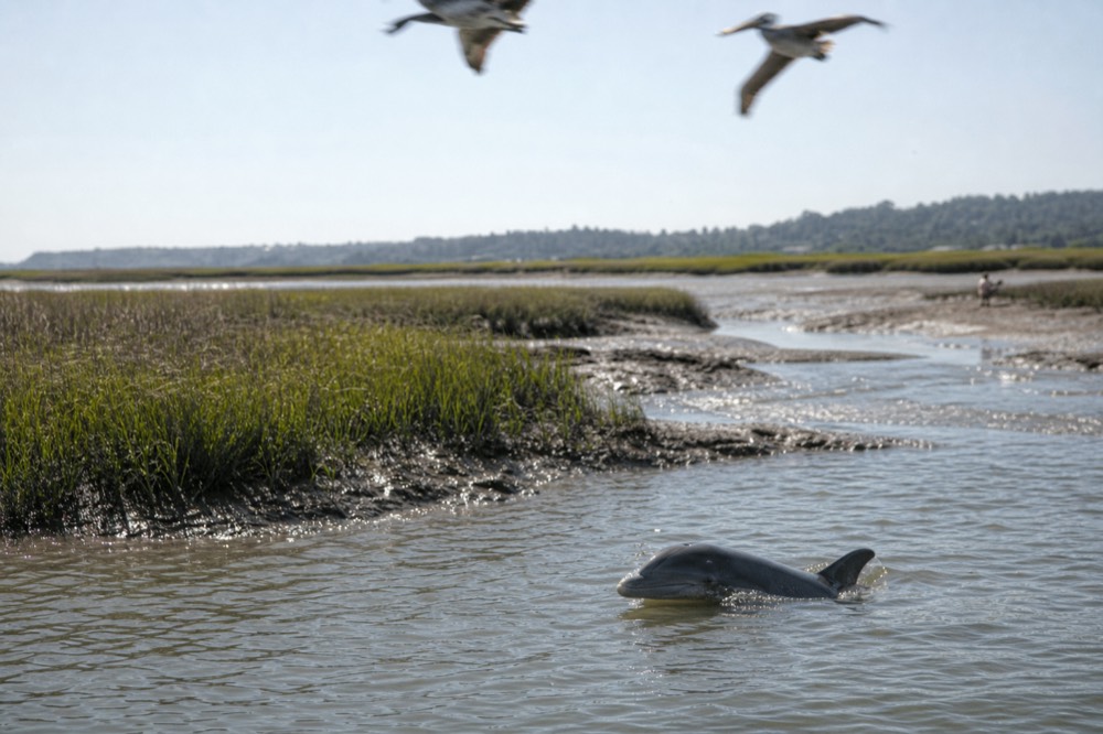A dolphin breaking the surface near a salt marsh creek at low tide, no text, no logos, no people