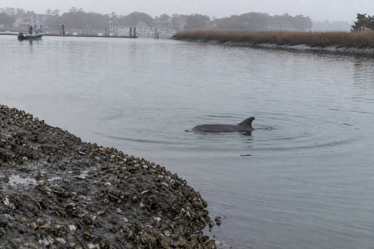 A bottlenose dolphin surfacing in a tidal creek near Folly Beach, no text, no logos, no people