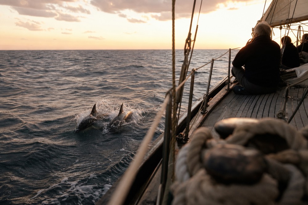 Dolphins riding the bow wave of a slow-moving sailing ship at sunset, no text, no logos, no people