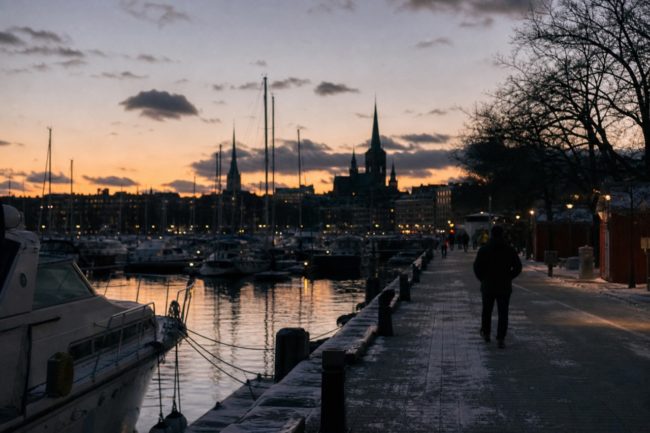 The downtown Charleston waterfront at dusk with calm harbor water and moored boats, no text, no logos, no people