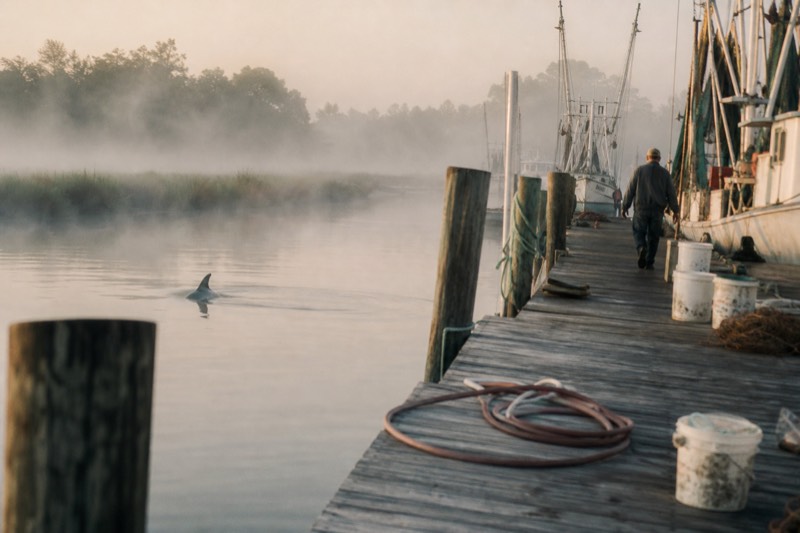 Dolphin fin breaking the surface of a Charleston-area tidal creek near moored shrimp boats at dawn