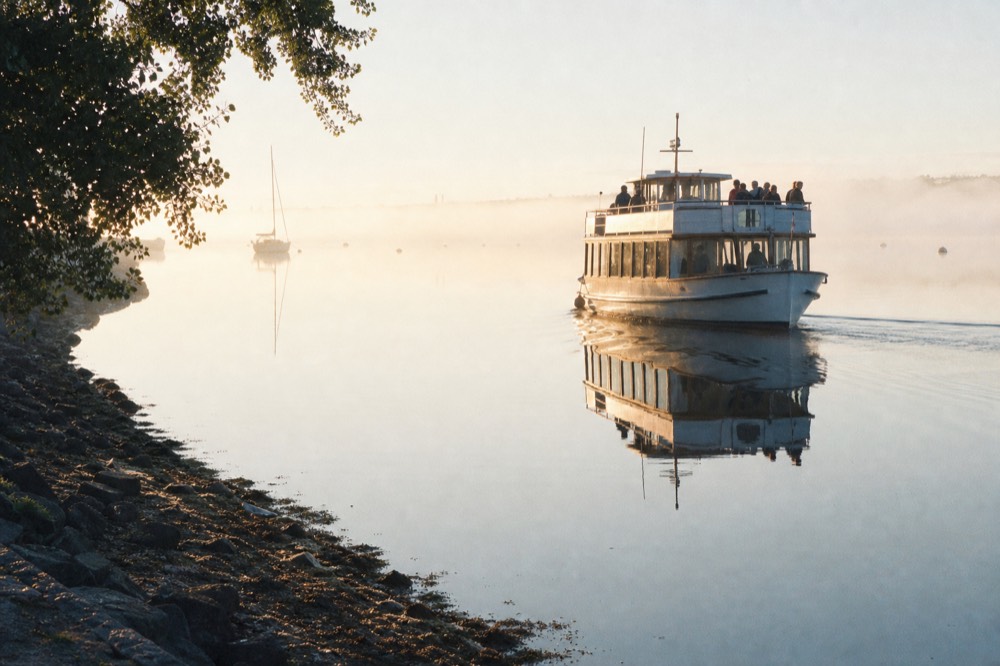 A tour boat on glass-calm harbor water in early morning light, no text, no logos, no people
