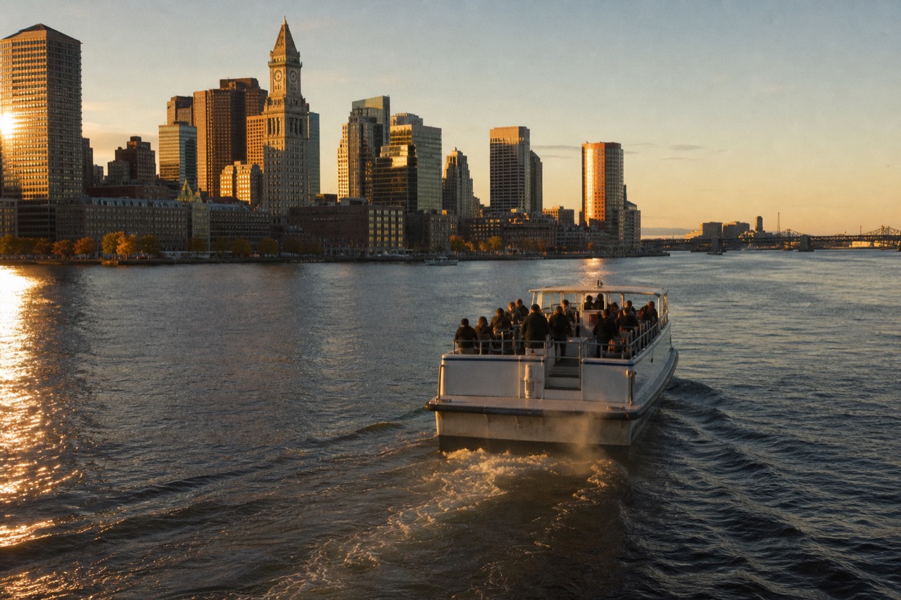 A tour boat crossing Charleston harbor at golden hour with the city skyline behind it, no text, no logos, no people