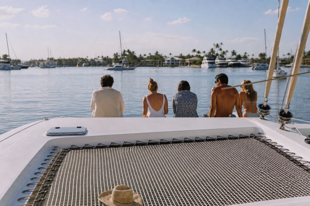 A catamaran with a net deck on calm harbor water near a marina, no text, no logos, no people
