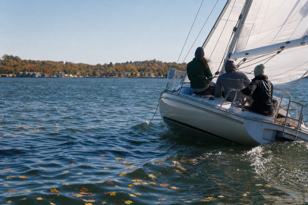 A sailboat heeling gently on open harbor water under a clear fall sky, no text, no logos, no people