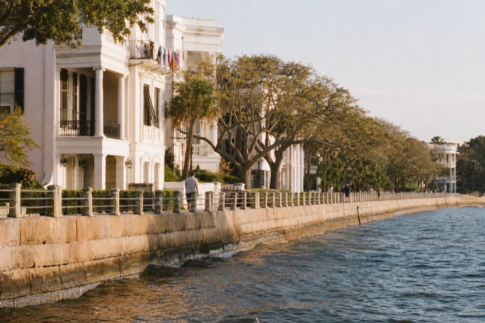 A wide view of Charleston's waterfront mansions along the Battery seen from the water, no text, no logos, no people