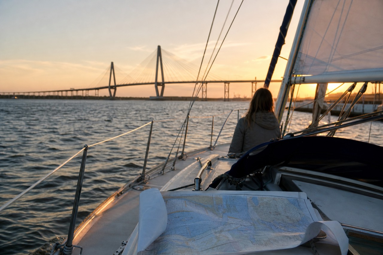 A sailing yacht under golden light on Charleston Harbor near the Ravenel Bridge, no text, no logos, no people.
