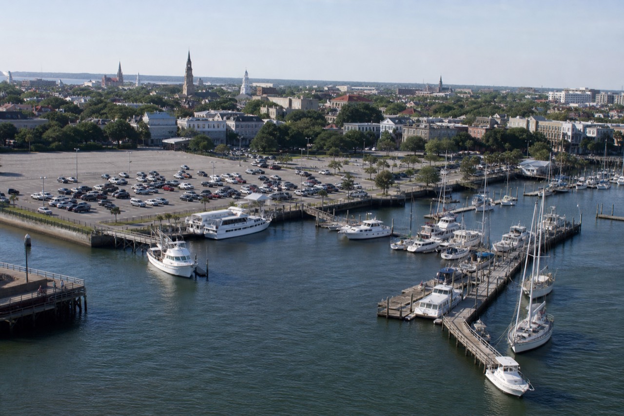 Aerial view of Charleston waterfront with marinas, no text, no logos, no people