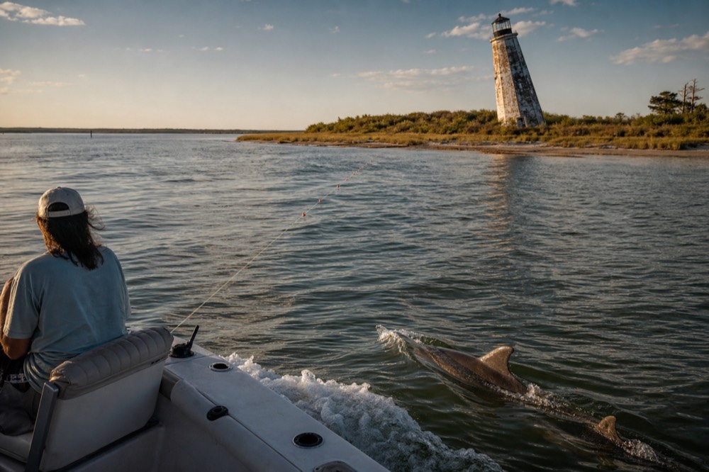 Dolphins swimming alongside a boat in a salt marsh creek near Morris Island, no text, no logos, no people
