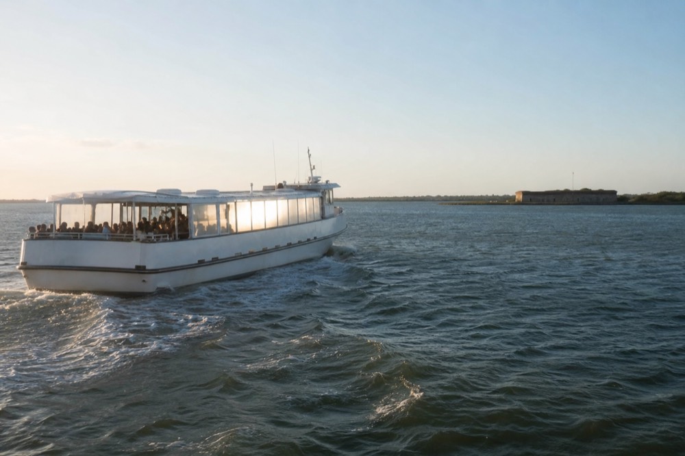 An 80-foot sightseeing boat underway on Charleston harbor toward Fort Sumter in late afternoon light, no text, no logos, no people